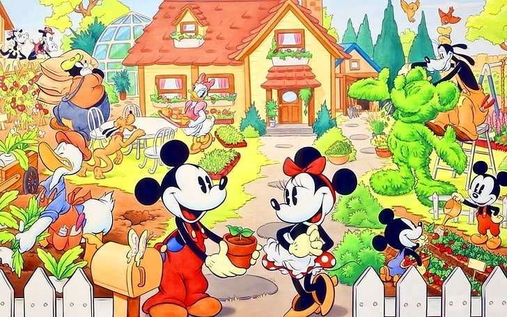 Mickey and Minnie Mouse illustration, Disney, outdoors, people