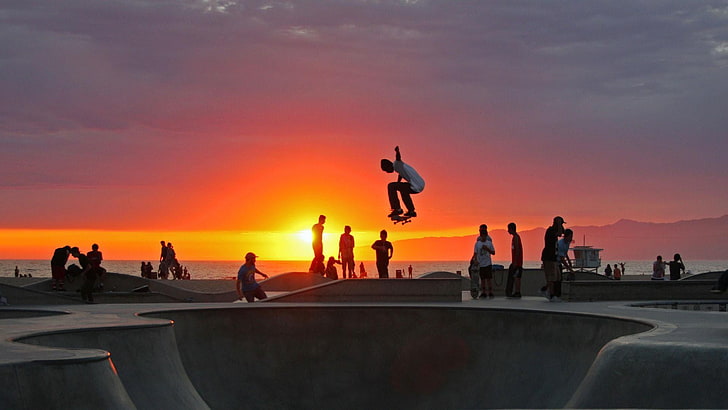 skateboarding, venice beach, california, people, nature, sunset, HD wallpaper