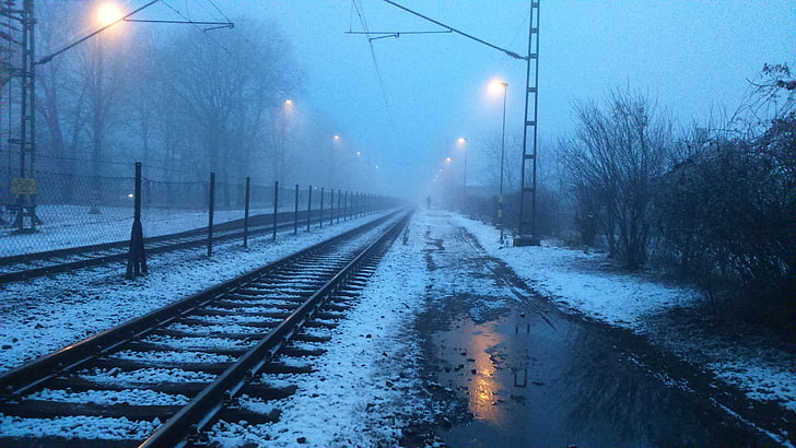 black railway, Hungary, Tiszaluc, morning, railroad track, my photo, HD wallpaper