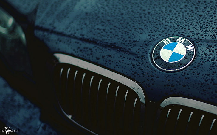 car, BMW, closeup, logo, black, water drops, wet, cyan, macro