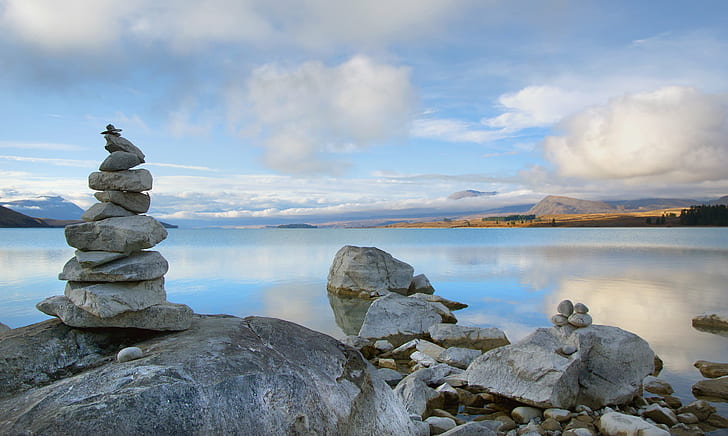rock cairn beside body of water, Lakeside, Lake Tekapo, NZ, Canterbury