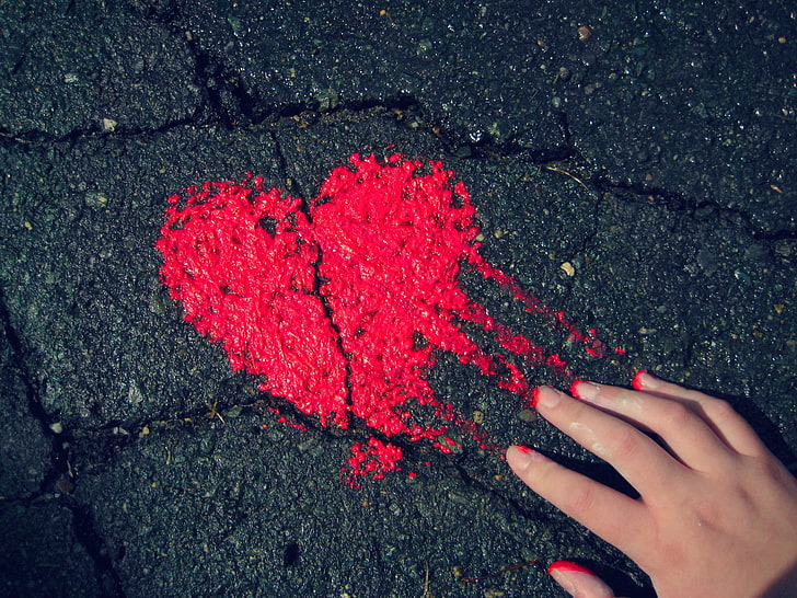 red heart paint, hand, pink, road, figure, lubricated, human Hand, HD wallpaper