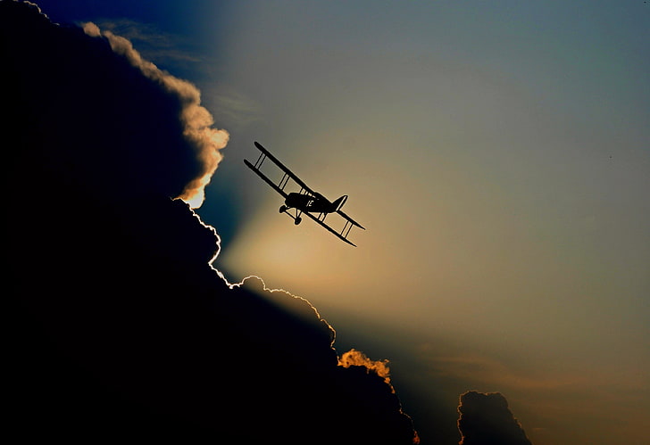 black biplane, aircraft, flight, clouds, sky, flying, air Vehicle, HD wallpaper