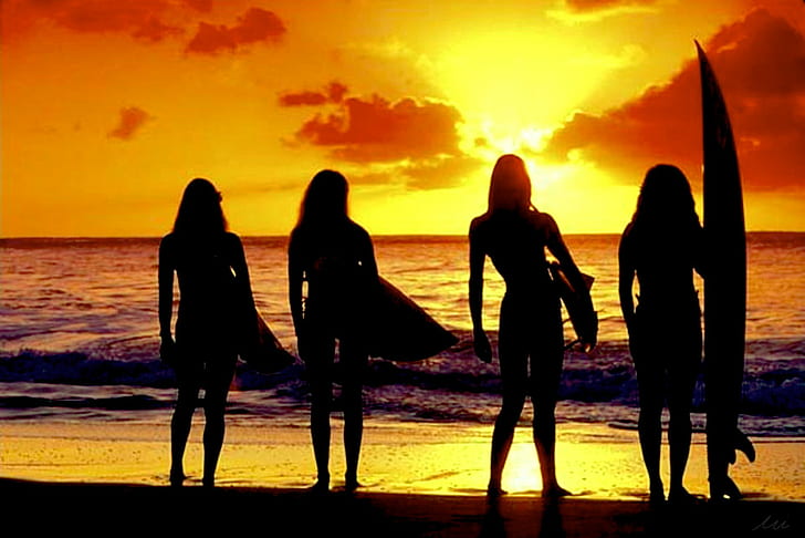 beach, california, girls, socal, sunset, surf