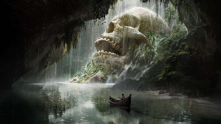 skull island character riding boat game application, man on boat near white skull movie scene, HD wallpaper
