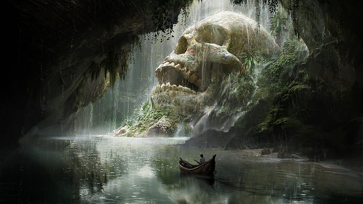 skull, artwork, Quentin Mabille, digital art, boat, landscape, HD wallpaper