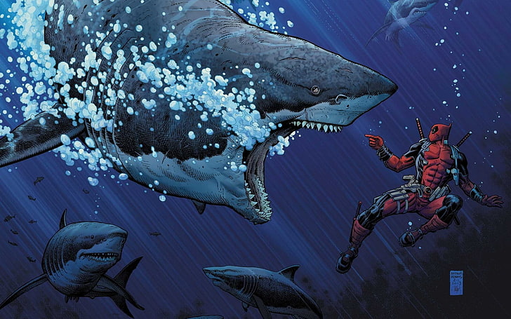 Deadpool wallpaper, shark, Marvel Comics, sea, water, animals in the wild