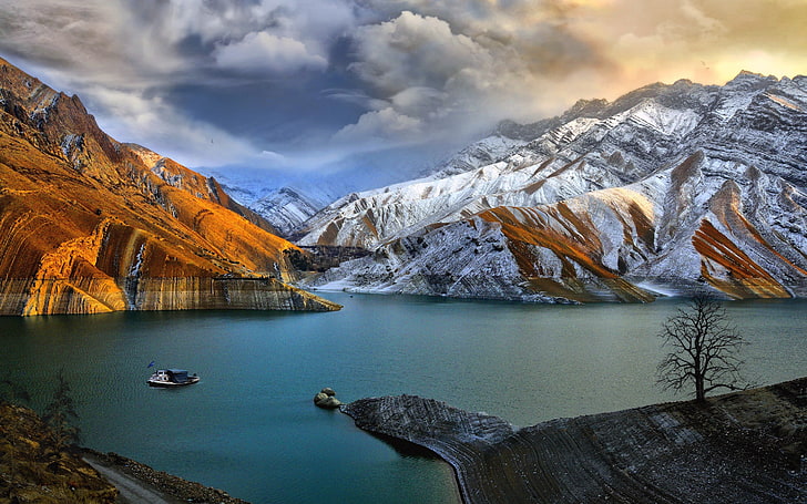Landscape, Snow Mountain-Lake-dark cloud Amir-Kabir-dam in Iran-Desktop Wallpapwr HD