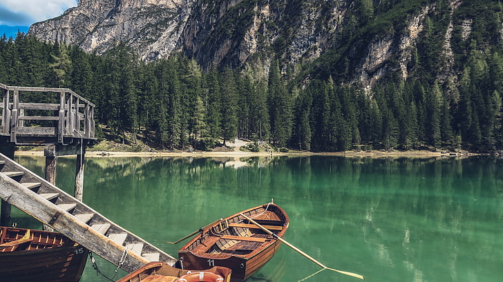 brown boat on body of water, nature, trees, mountains, beauty in nature, HD wallpaper