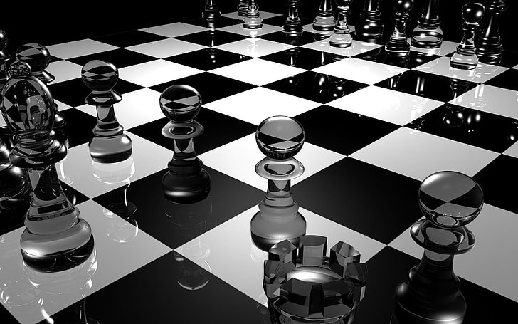 chess board illustration, glass, black white, surface, strategy, HD wallpaper
