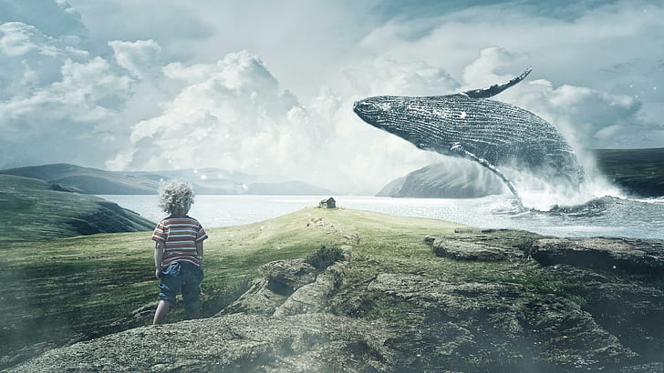 sea, lake, whale, kid, child, fantasy art, HD wallpaper