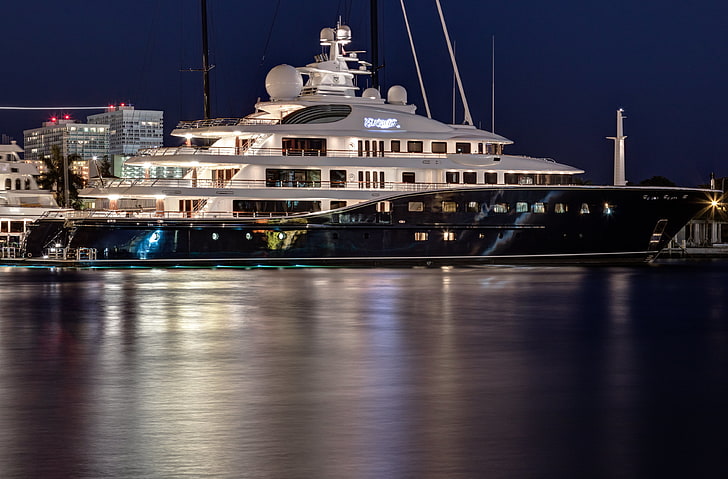 white and black cruise ship, night, the evening, yacht, port