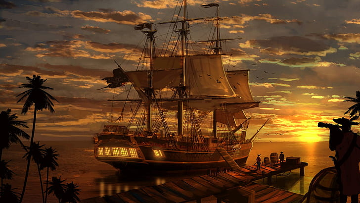 Pirate ship, brown wooden pirate ship, fantasy, 2560x1440, cloud
