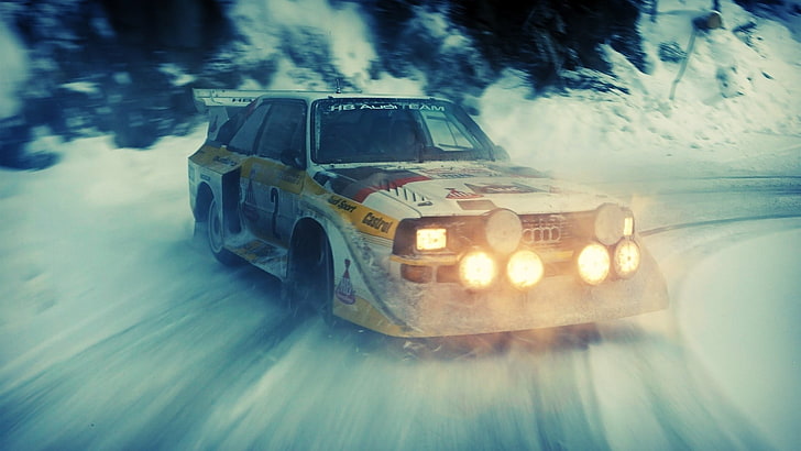 white and yellow stock car, rally cars, Audi, snow, drift, audi quattro, HD wallpaper