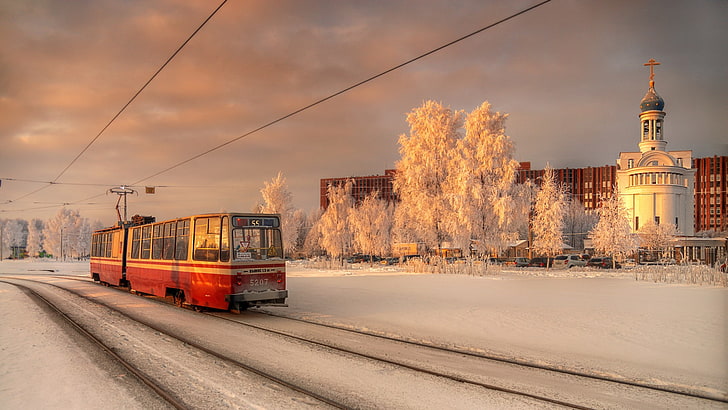 winter, St. Petersburg, city, tram, church, Orthodox, snow, HD wallpaper