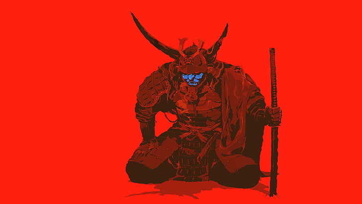 onimusha illustration, samurai, red, artwork, minimalism, simple background