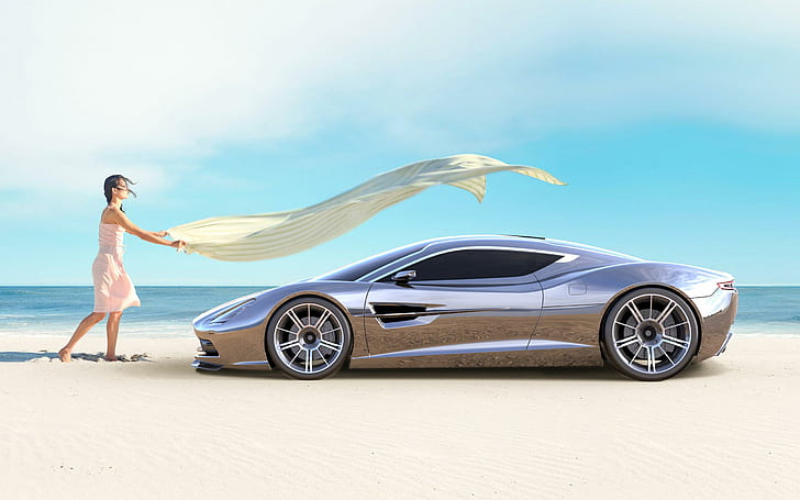 2013 Aston Martin DBC Concept by Samir Sadikhov, women's tank dress and grey luxury car, HD wallpaper