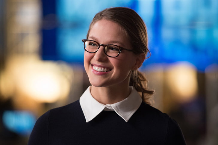 women's black and white collared top, Glasses, Smile, Actress