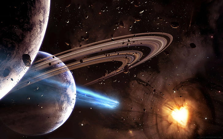 space, Saturn, space art, heart, asteroid, planetary rings, HD wallpaper