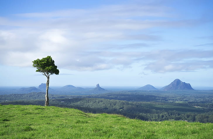 landscape photo of mountain and green grass field during daytime, queensland, australia, queensland, australia