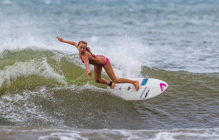 Girl surfing, white surfboard, HD
