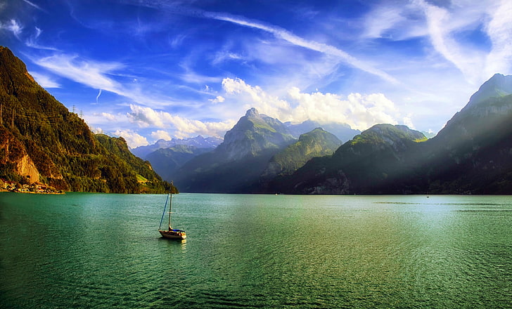 brown sailboat, nature, landscape, mountains, lake, clouds, mist, HD wallpaper