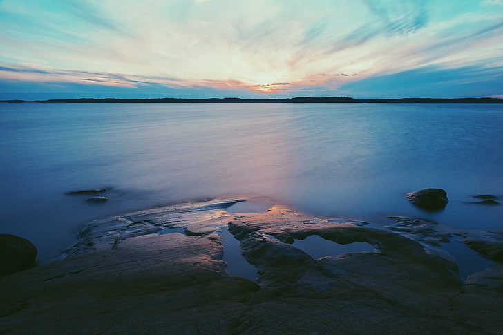 body of water, lake, Finland, rock, sunset, nature, sky, beauty in nature, HD wallpaper