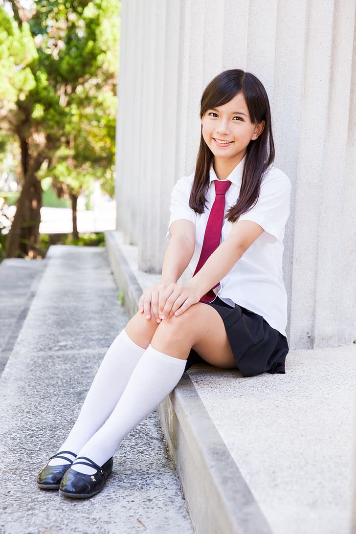 women, Asian, brunette, smiling, schoolgirl uniform, knee high socks, HD wallpaper