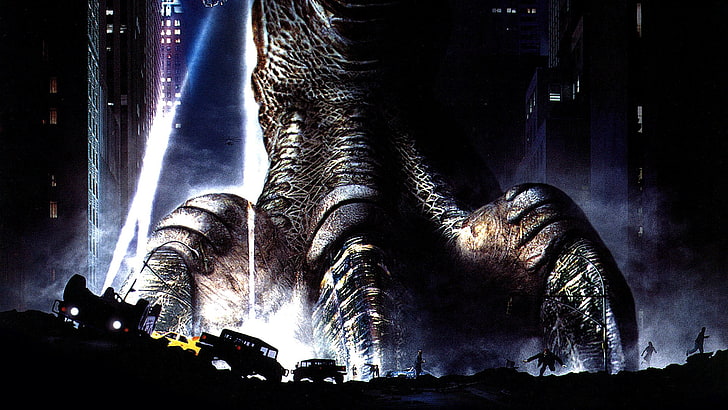 Godzilla digital wallpaper, movies, night, architecture, illuminated
