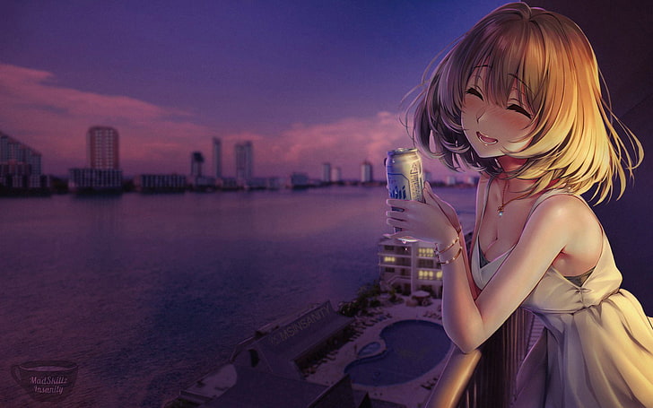 anime girls, dress, riverside, one person, water, hair, sky