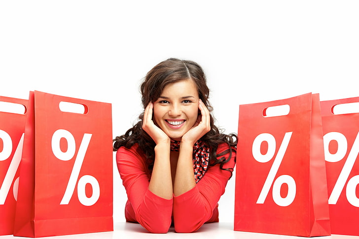 women's red long-sleeved shirt, discounts, interest, joy, girl, HD wallpaper