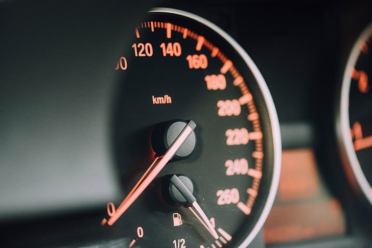 black and orange vehicle speedometer gauge, arrows, numbers, divisions, HD wallpaper