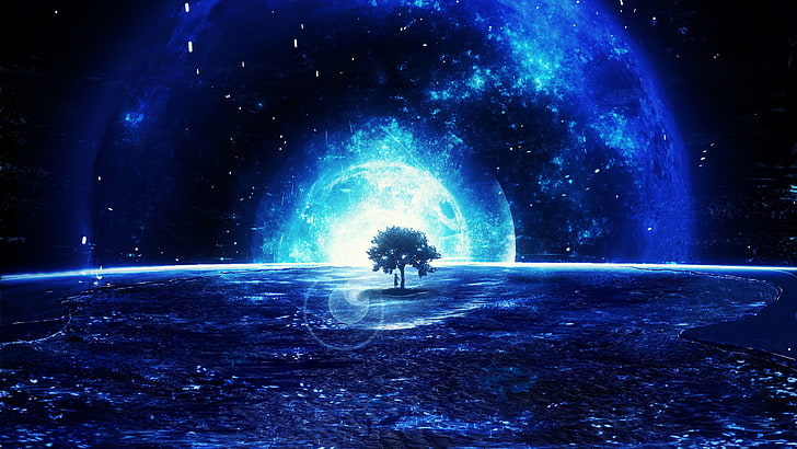 black tree digital wallpaper, landscape, blue, trees, Moon, night