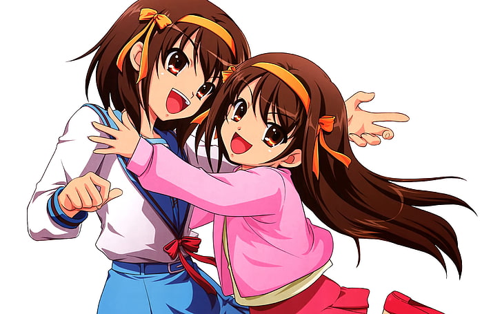 two brown-haired female anime character illustration, girl, hug
