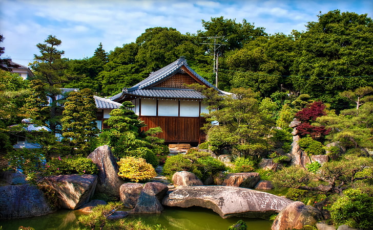 Japanese Garden, brown and white wooden house, Asia, Landscape