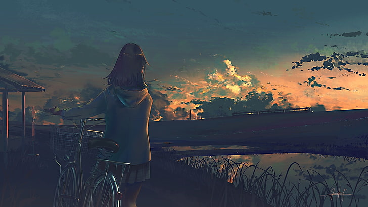 anime landscape, girl, bicycle, clouds, river, reflection, sky
