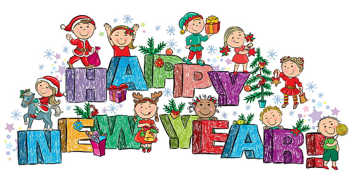 Happy New Year, childrens, toys, gifts, christmas tree