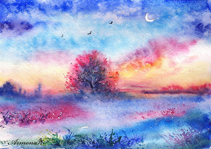 multicolored tree and bird painting, grass, birds, watercolor