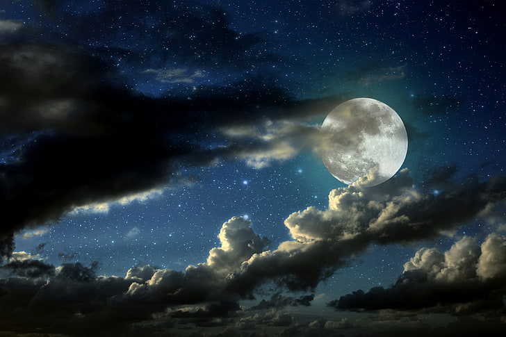 full moon digital wallpaper, stars, clouds, shadows, astronomy, HD wallpaper