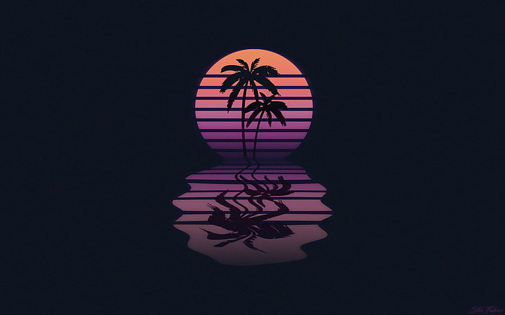silhouette of coconut tree illustration, two coconut trees and sun illustration
