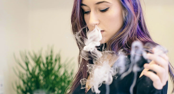 tattoo, smoking, dyed hair, cigarettes, closed eyes, purple hair