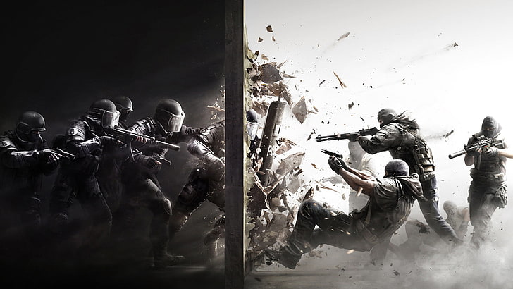 game graphic wallpaper, broken wall between battle illustration