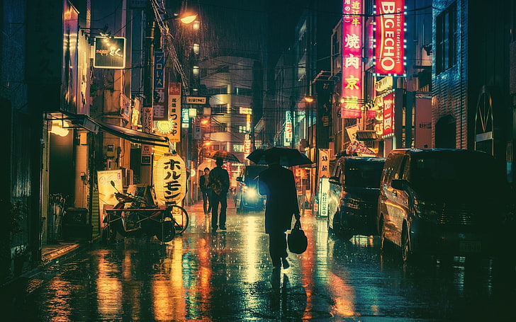 black vehicle, city, urban, street, Asia, rain, night, Tokyo
