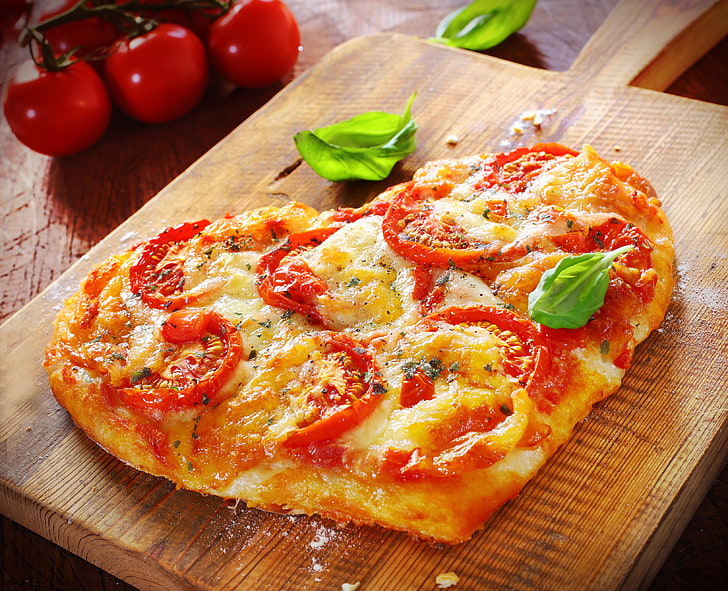 cheese and tomato pizza, food, heart, tomatoes, food and drink, HD wallpaper