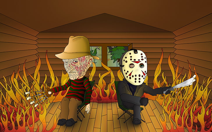 artwork, Jason Voorhees, Freddy Krueger, humor, fire, representation, HD wallpaper