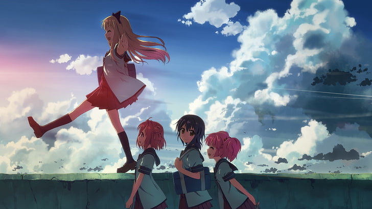 yellow-haired female anime charcter, anime girls, sky, school uniform