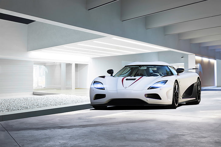white sports car, glare, the building, Koenigsegg, front, Agera R