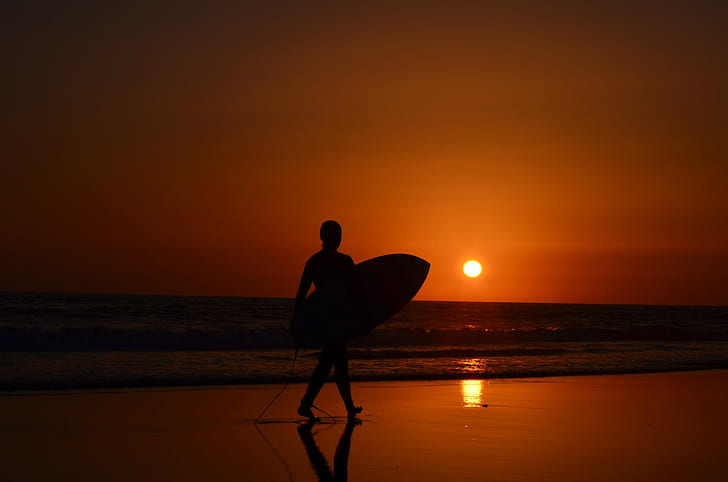 surfing, sunset, waves, Ozean, sea, HD wallpaper