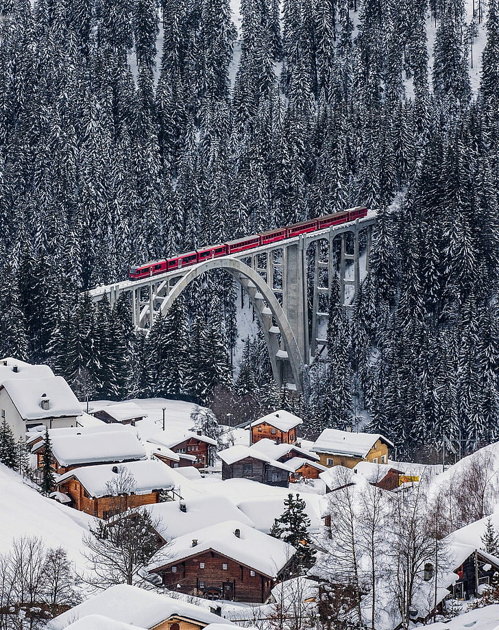 train, bridge, Switzerland, cold temperature, snow, winter, HD wallpaper