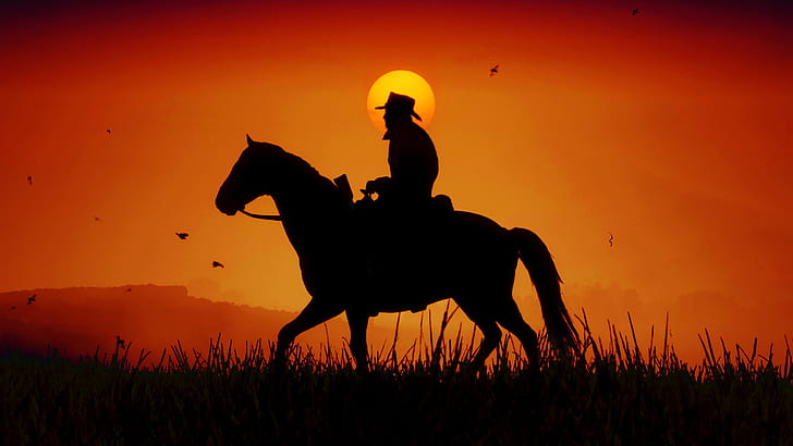 Red Dead, Red Dead Redemption 2, Cowboy, Horse, Silhouette, HD wallpaper